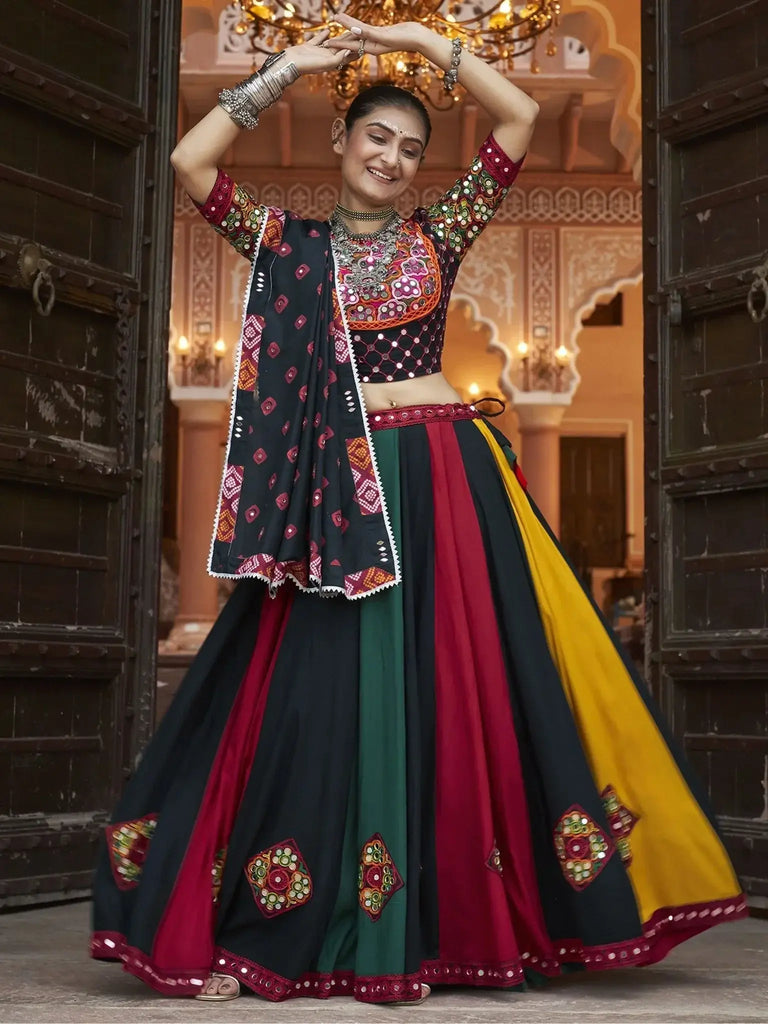 Amazing Multi Color Embroidered Rayon Navratri Lehenga Choli - Ethnic Plus In