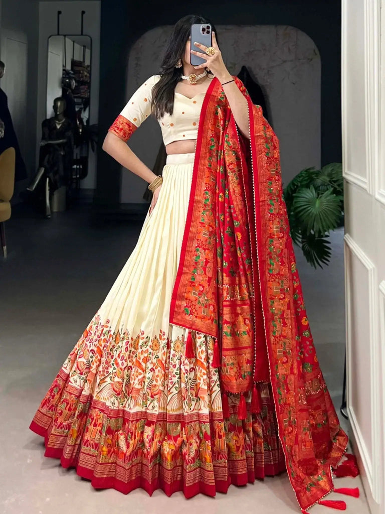 Amazing Off - White Foil Work Tussar Silk Traditional Lehenga Choli - Ethnic Plus In