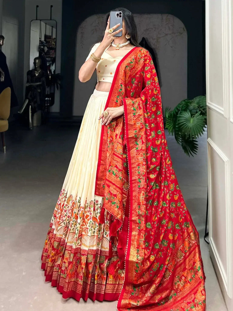 Amazing Off - White Foil Work Tussar Silk Traditional Lehenga Choli - Ethnic Plus In
