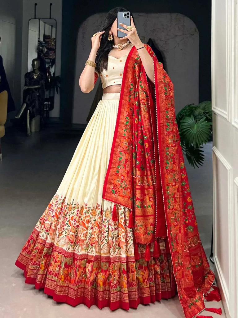 Amazing Off - White Foil Work Tussar Silk Traditional Lehenga Choli - Ethnic Plus In