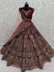 Amazing Pink Dori Work Velvet Bridal Lehenga Choli With Double Dupatta - Ethnic Plus In