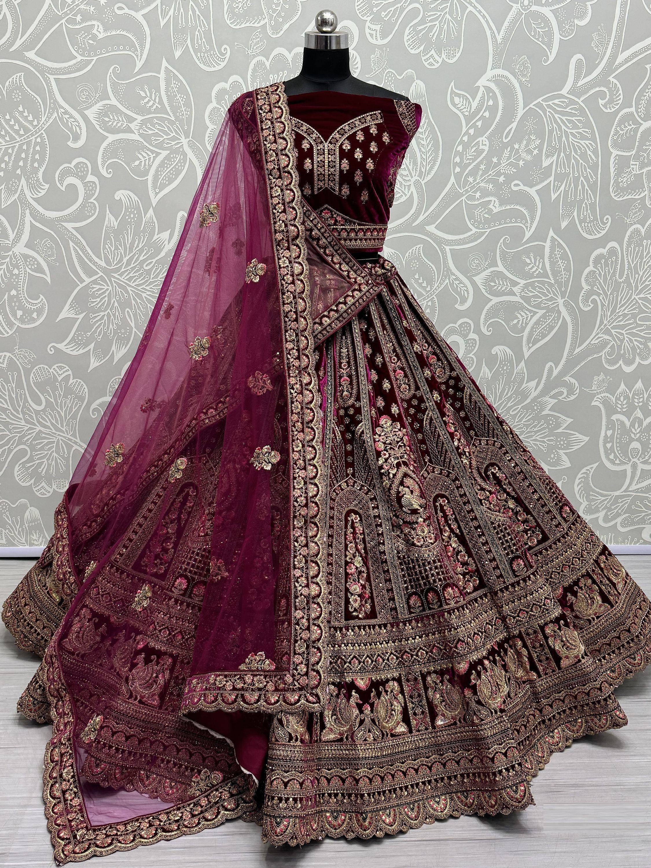 Burgundy velvet lehenga choli with gold embroidery and sheer dupatta, Indian ethnic wear