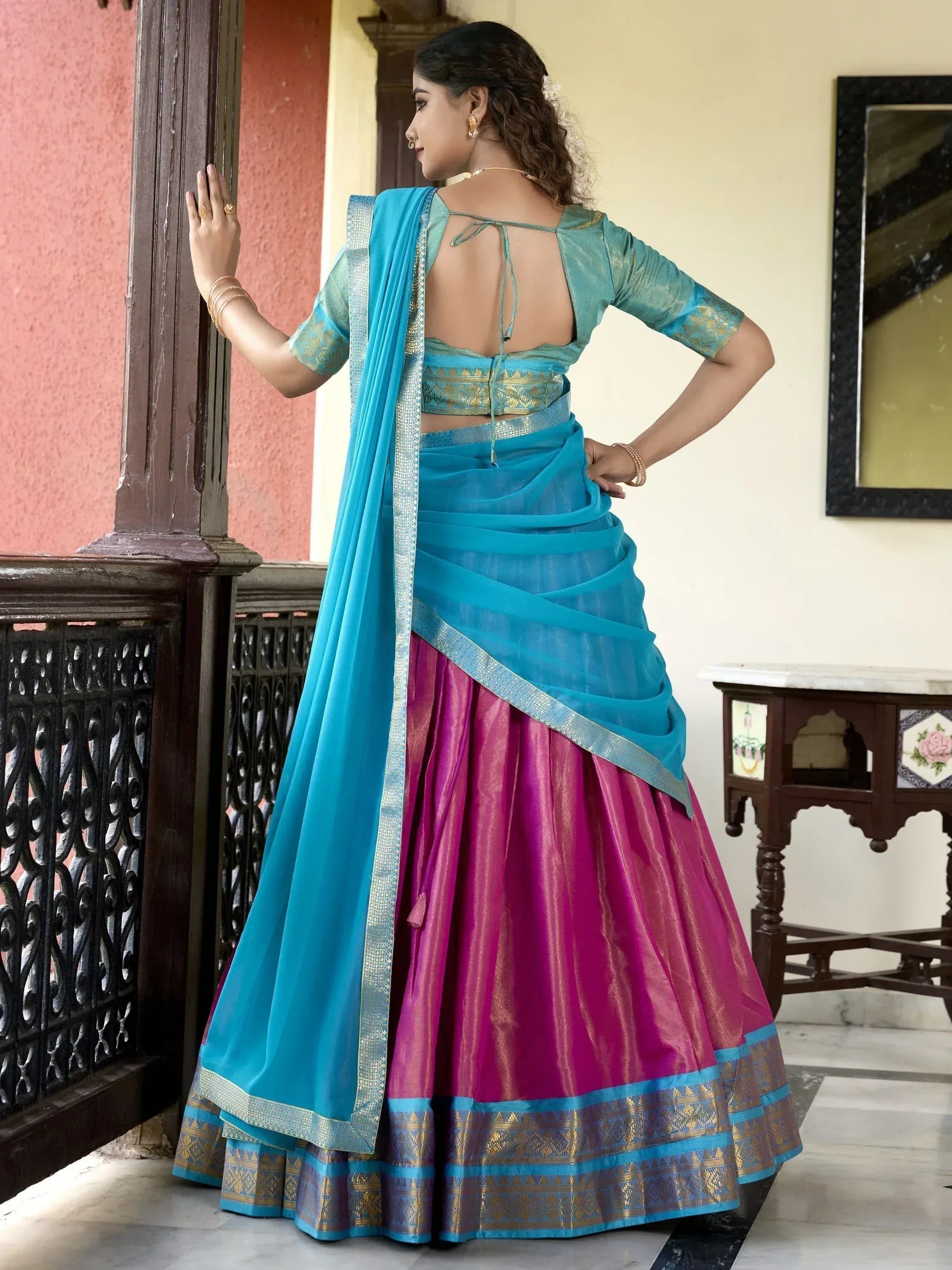 Blue and pink designer lehenga choli with backless blouse and dupatta, ethnic Indian wear