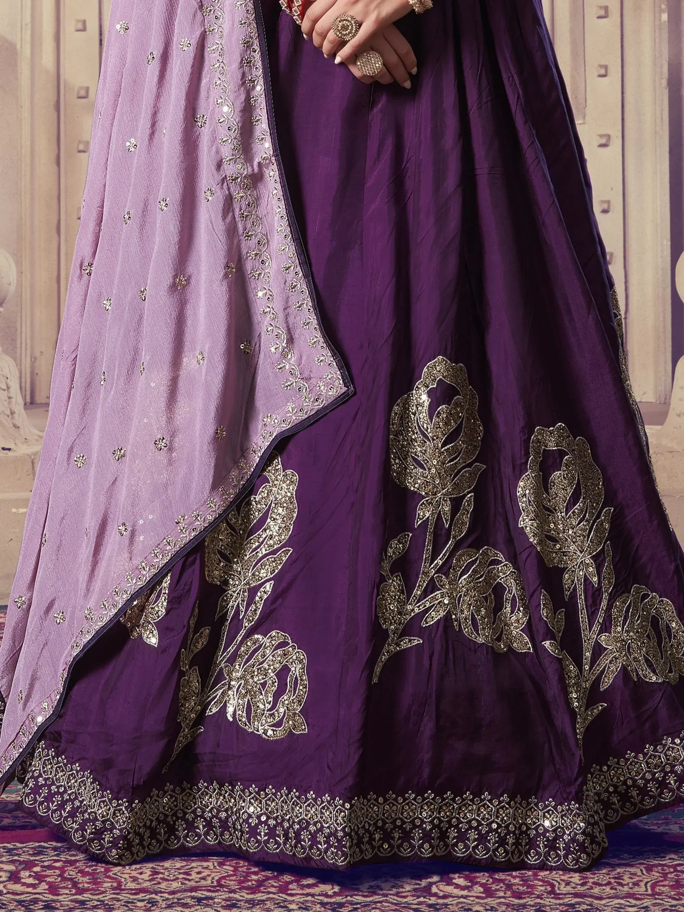 Purple designer lehenga with gold floral embroidery and matching dupatta, Indian ethnic wear