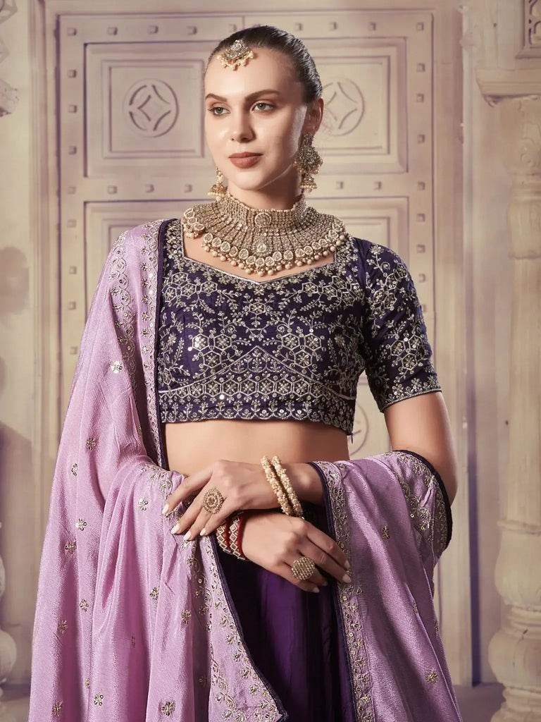 Amazing Purple Sequins Silk Wedding Wear Lehenga Choli With Dupatta - Ethnic Plus In