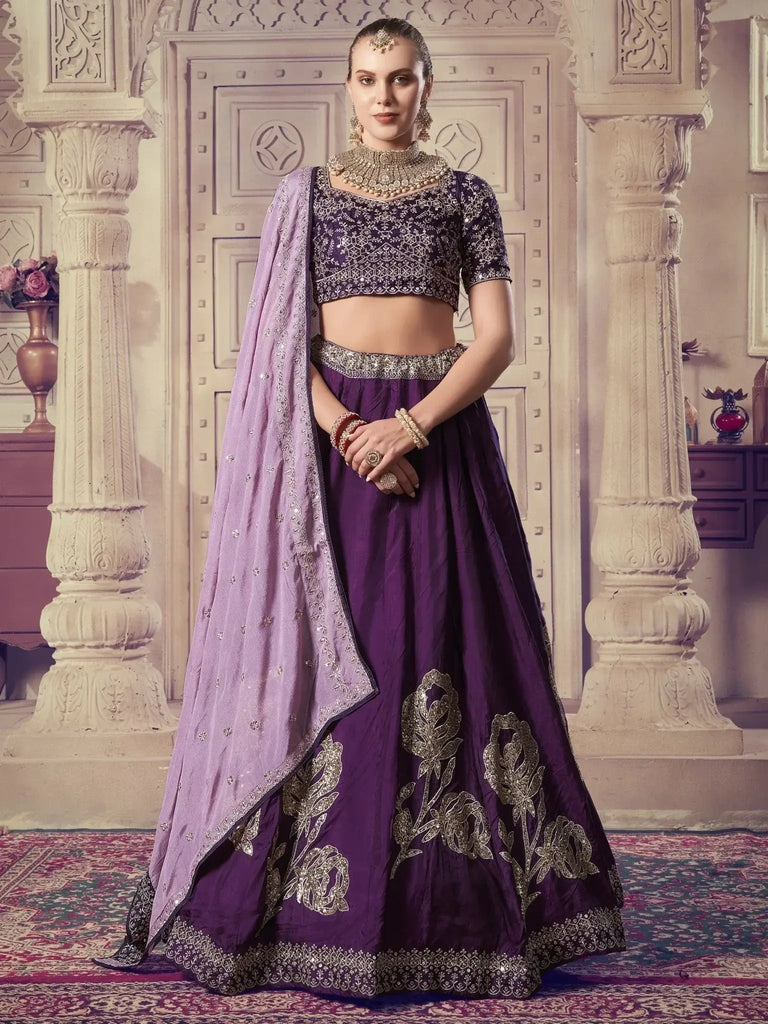 Amazing Purple Sequins Silk Wedding Wear Lehenga Choli With Dupatta - Ethnic Plus In