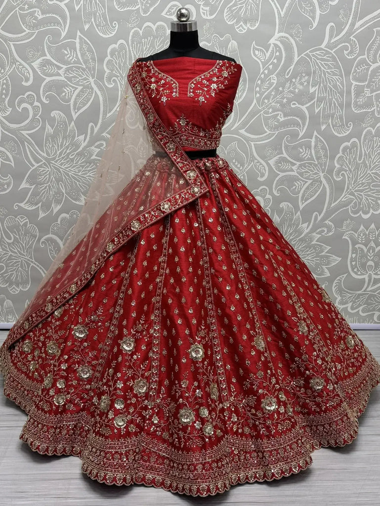 Amazing Red Hand Work Net Bridal Lehenga Choli With Double Dupatta - Ethnic Plus In