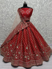 Amazing Red Hand Work Net Bridal Lehenga Choli With Double Dupatta - Ethnic Plus In
