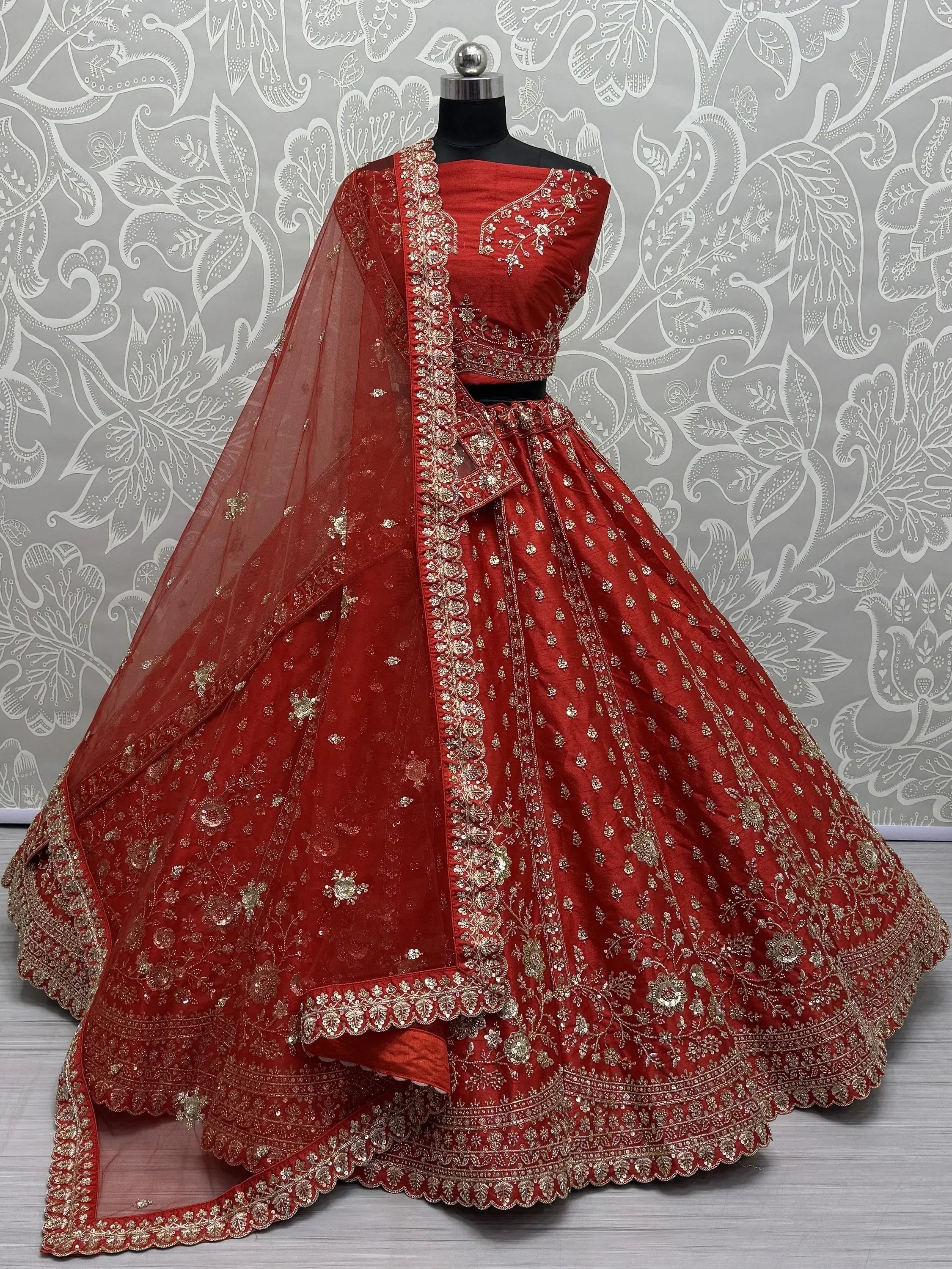Red designer lehenga choli with gold embroidery and net dupatta, Indian ethnic wear