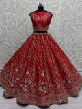 Amazing Red Hand Work Net Bridal Lehenga Choli With Double Dupatta - Ethnic Plus In