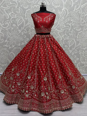 Amazing Red Hand Work Net Bridal Lehenga Choli With Double Dupatta - Ethnic Plus In