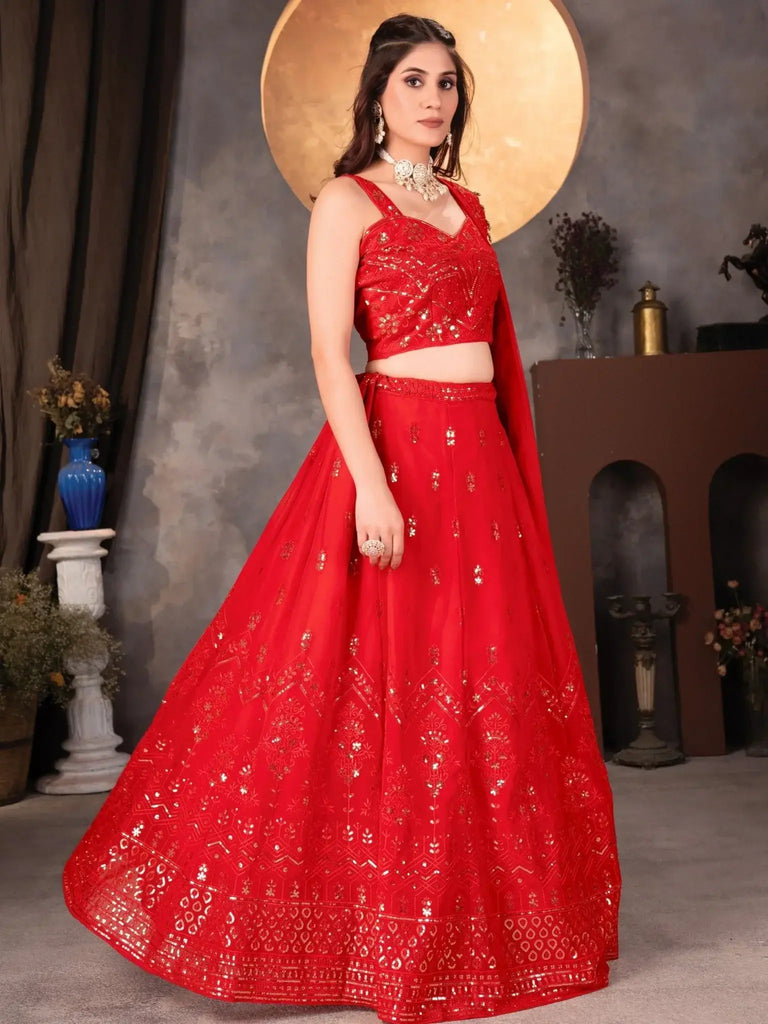 Amazing Red Thread Work Georgette Designer Lehenga Choli - Ethnic Plus In