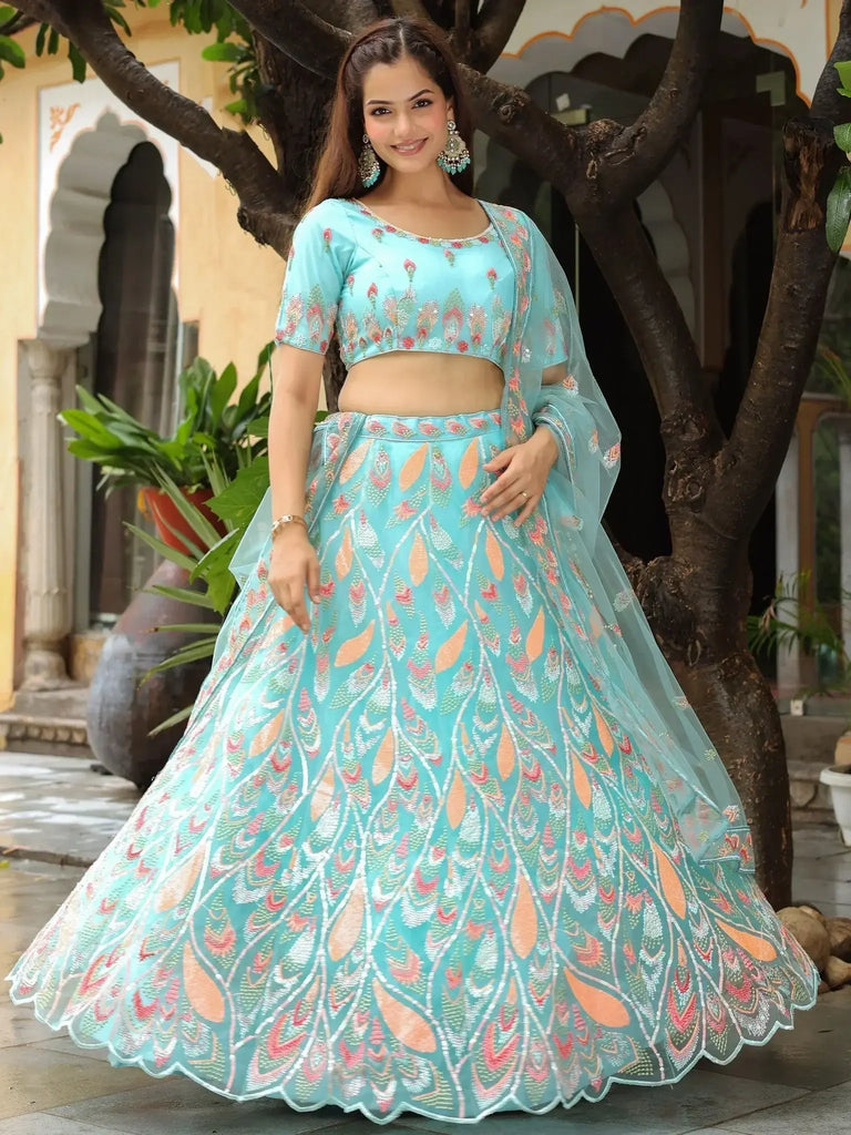 Amazing Sky Blue Sequins Net Bridesmaid Lehenga Choli With Dupatta - Ethnic Plus In