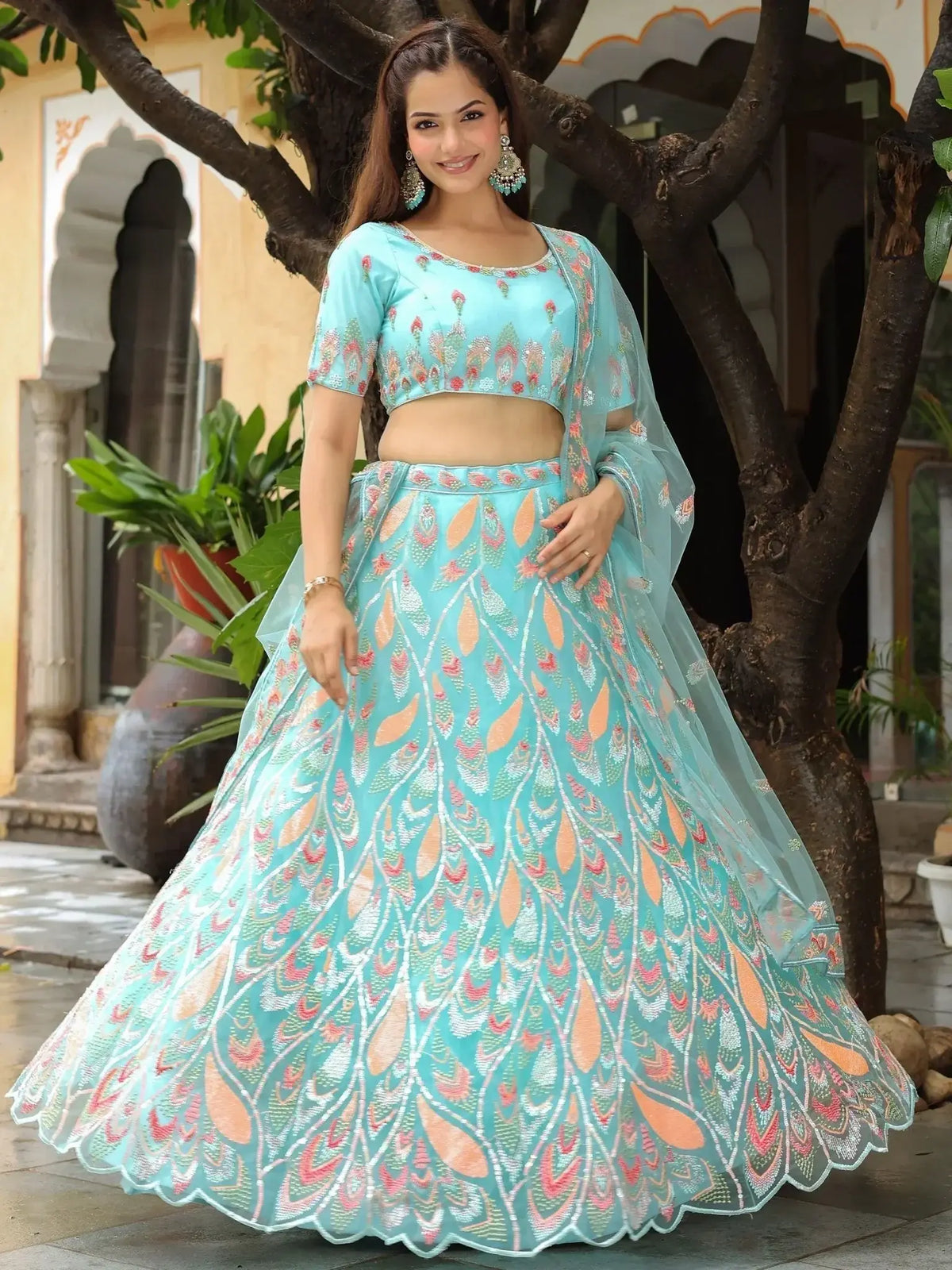 Amazing Sky Blue Sequins Net Bridesmaid Lehenga Choli With Dupatta - Ethnic Plus In