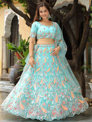 Amazing Sky Blue Sequins Net Bridesmaid Lehenga Choli With Dupatta - Ethnic Plus In