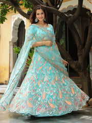 Amazing Sky Blue Sequins Net Bridesmaid Lehenga Choli With Dupatta - Ethnic Plus In