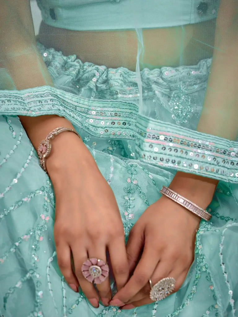 Amazing Turquoise Thread Embroidered Net Lehenga Choli With Dupatta - Ethnic Plus In