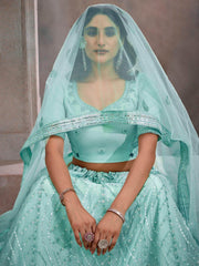 Amazing Turquoise Thread Embroidered Net Lehenga Choli With Dupatta - Ethnic Plus In
