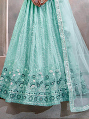Amazing Turquoise Thread Embroidered Net Lehenga Choli With Dupatta - Ethnic Plus In
