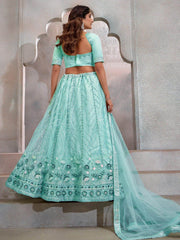 Amazing Turquoise Thread Embroidered Net Lehenga Choli With Dupatta - Ethnic Plus In