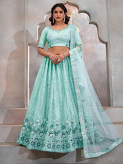 Amazing Turquoise Thread Embroidered Net Lehenga Choli With Dupatta - Ethnic Plus In