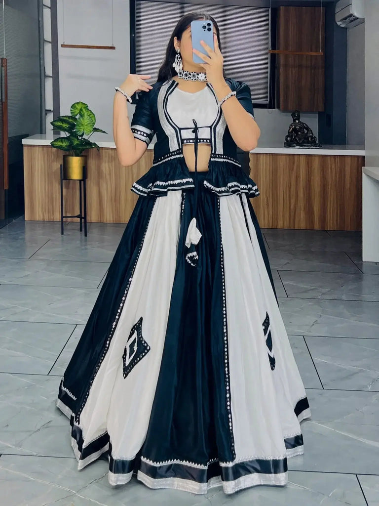 Amazing White & Black Mirror Work Cotton Lehenga Choli With Koti - Ethnic Plus In