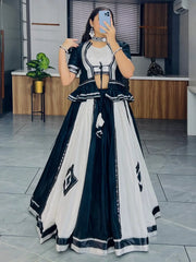 Amazing White & Black Mirror Work Cotton Lehenga Choli With Koti - Ethnic Plus In
