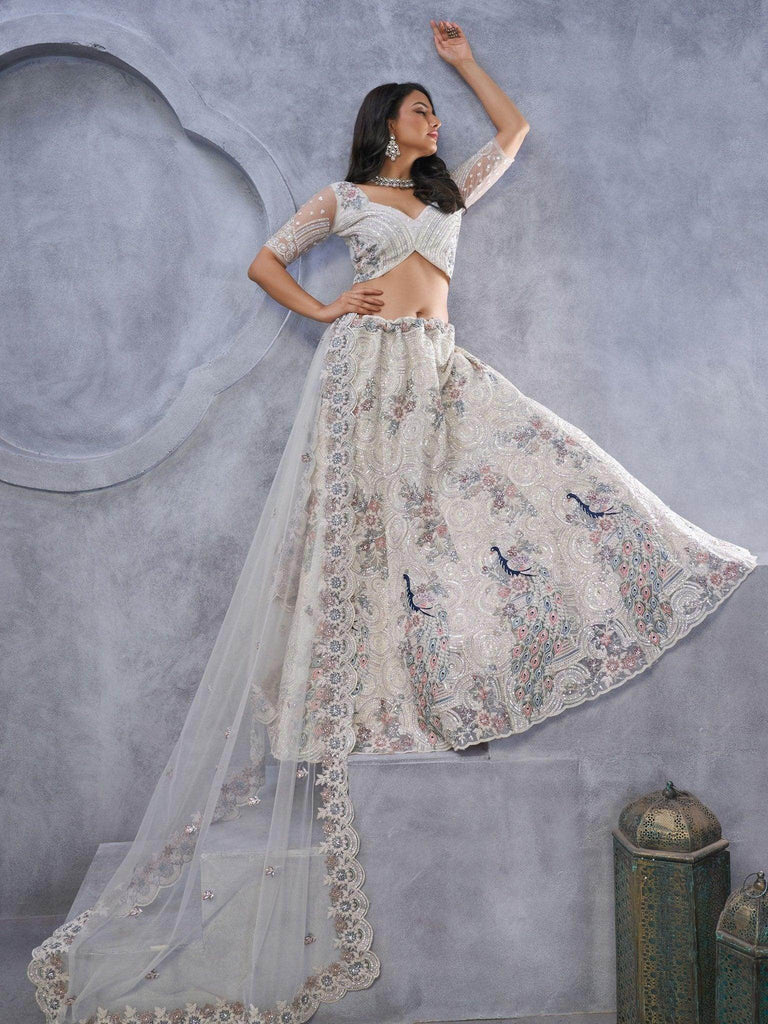Amazing White Embroidered Net Designer Lehenga Choli With Dupatta - Ethnic Plus In