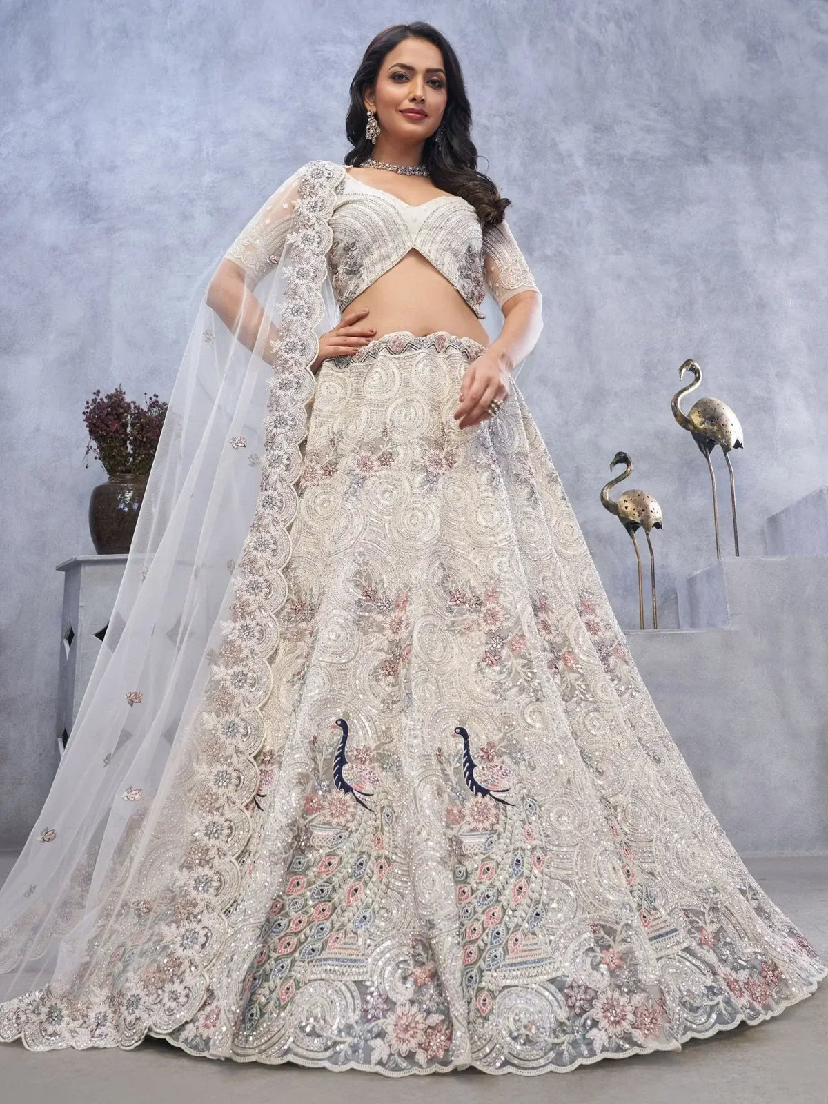 Amazing White Embroidered Net Designer Lehenga Choli With Dupatta - Ethnic Plus In