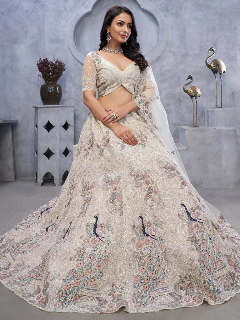 Amazing White Embroidered Net Designer Lehenga Choli With Dupatta - Ethnic Plus In