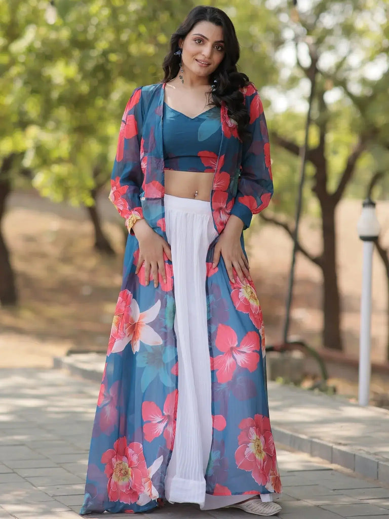Amazing White Georgette Function Wear Crop Top Lehenga With Jacket - Ethnic Plus In