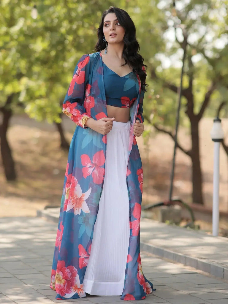 Amazing White Georgette Function Wear Crop Top Lehenga With Jacket - Ethnic Plus In