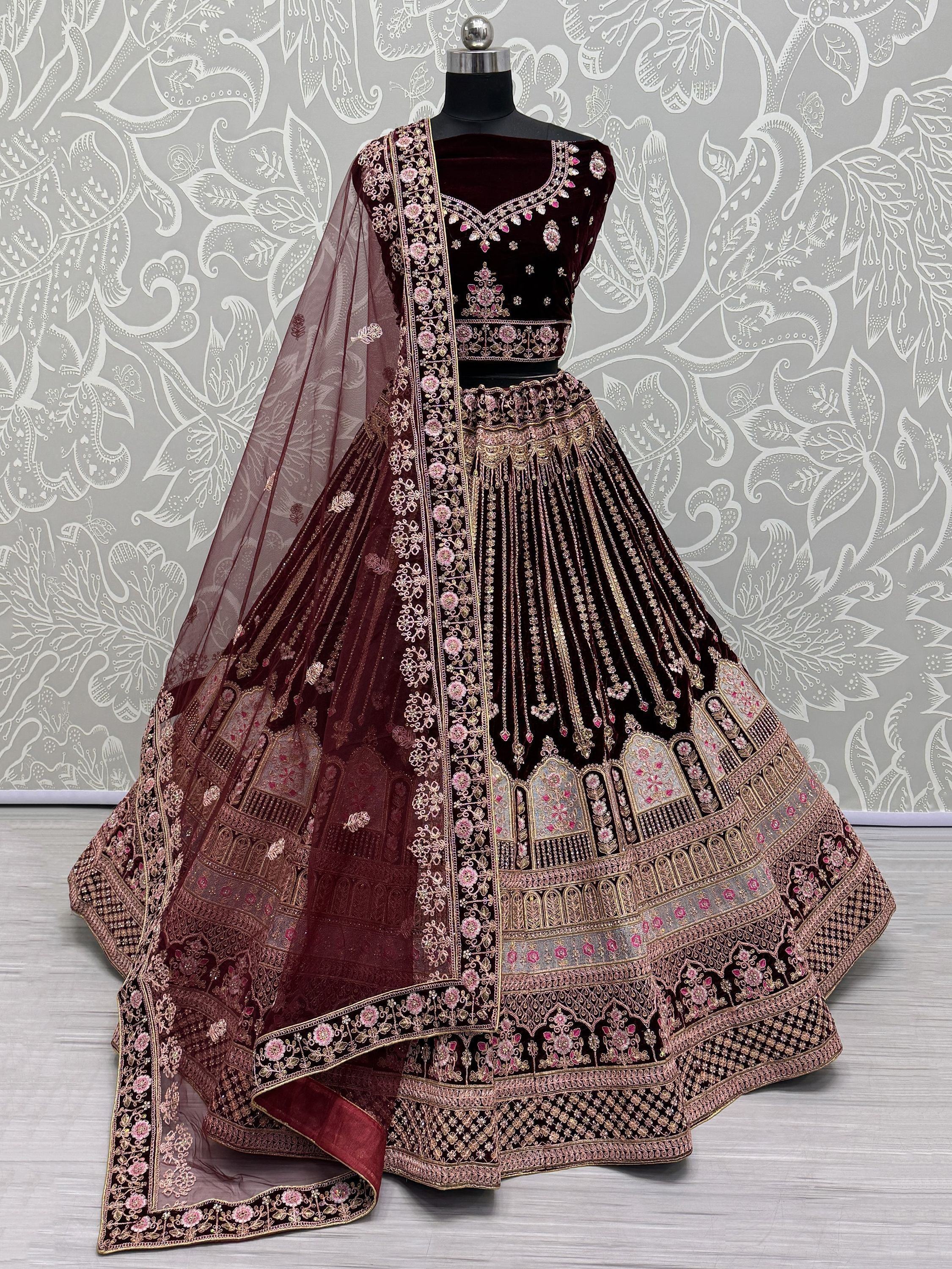 Amazing Wine Color Velvet Bridal Lehenga Choli With Dupatta - Ethnic Plus In