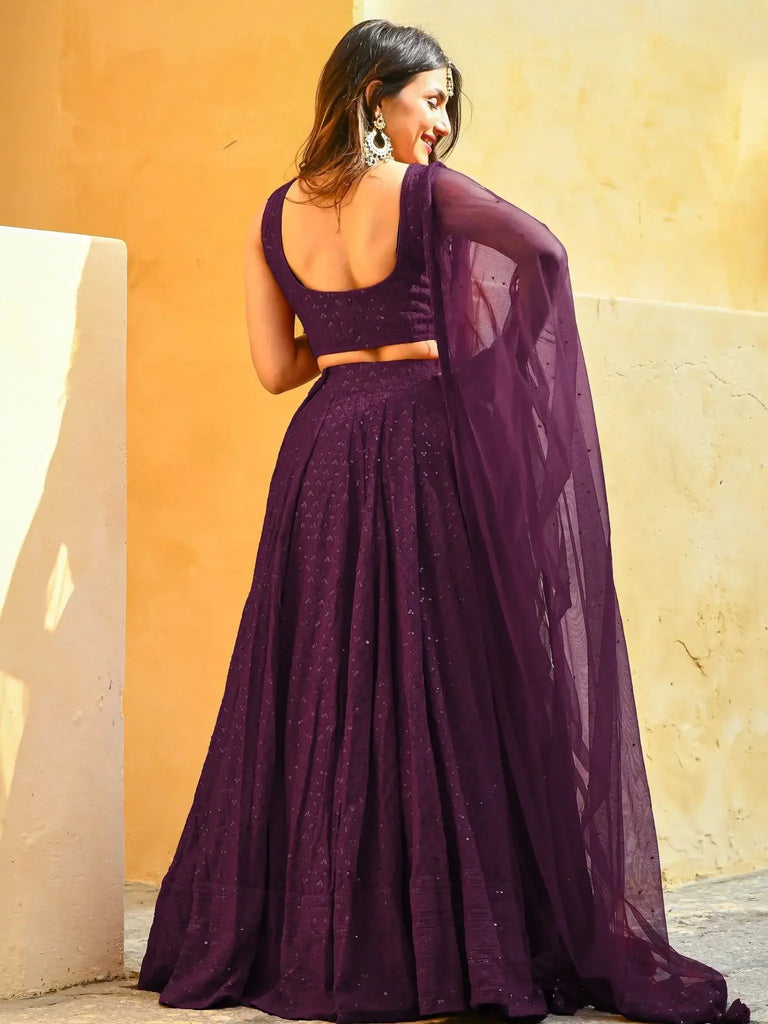 Amazing Wine Sequins Georgette Wedding Lehenga Choli With Dupatta - Ethnic Plus In
