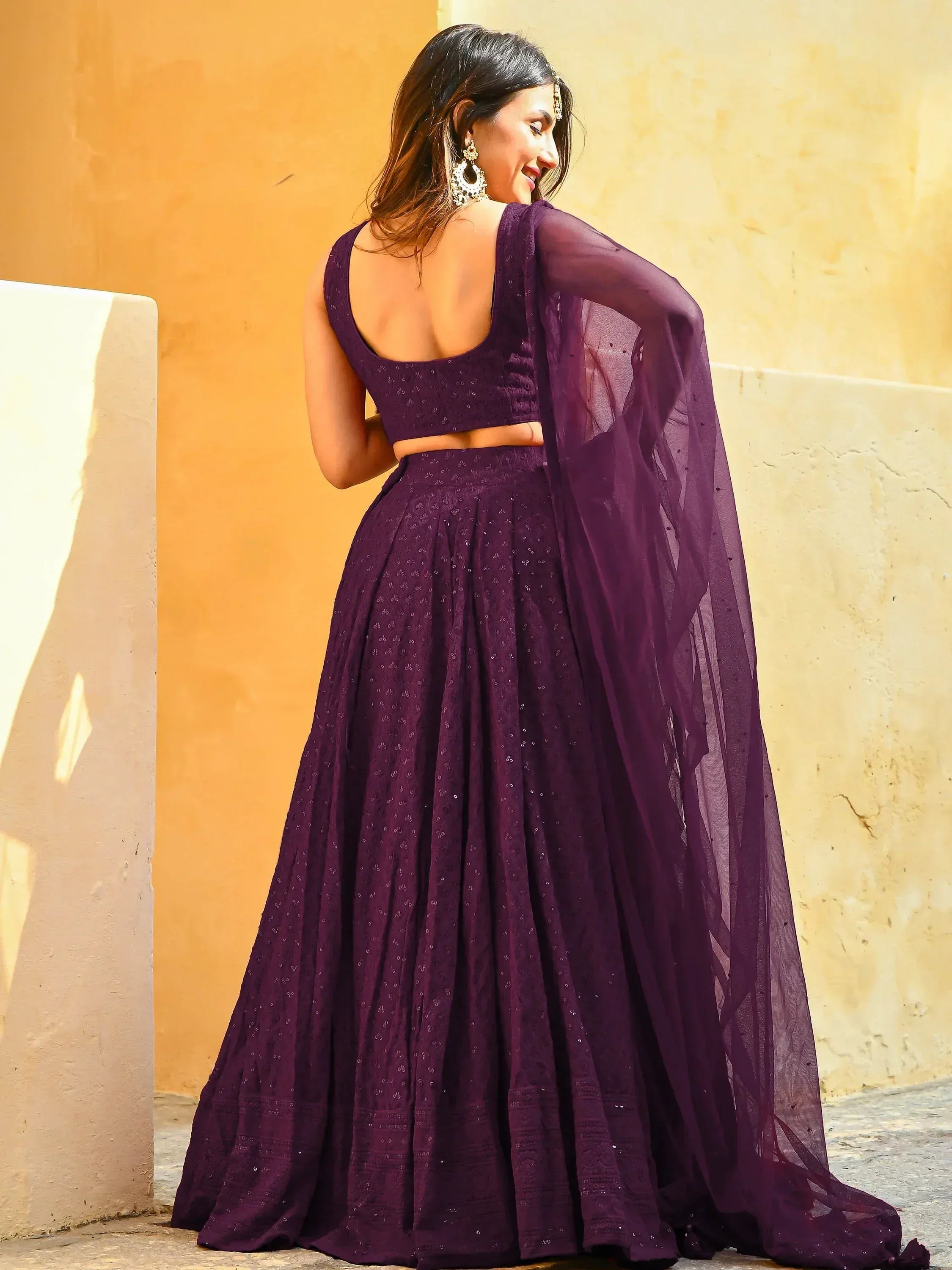 Purple embroidered lehenga choli with sheer dupatta, back view, ethnic wear for women