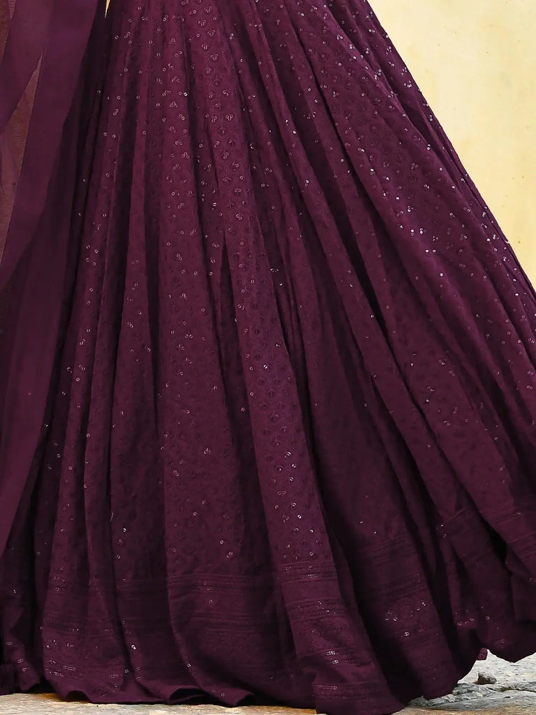 Amazing Wine Sequins Georgette Wedding Lehenga Choli With Dupatta - Ethnic Plus In