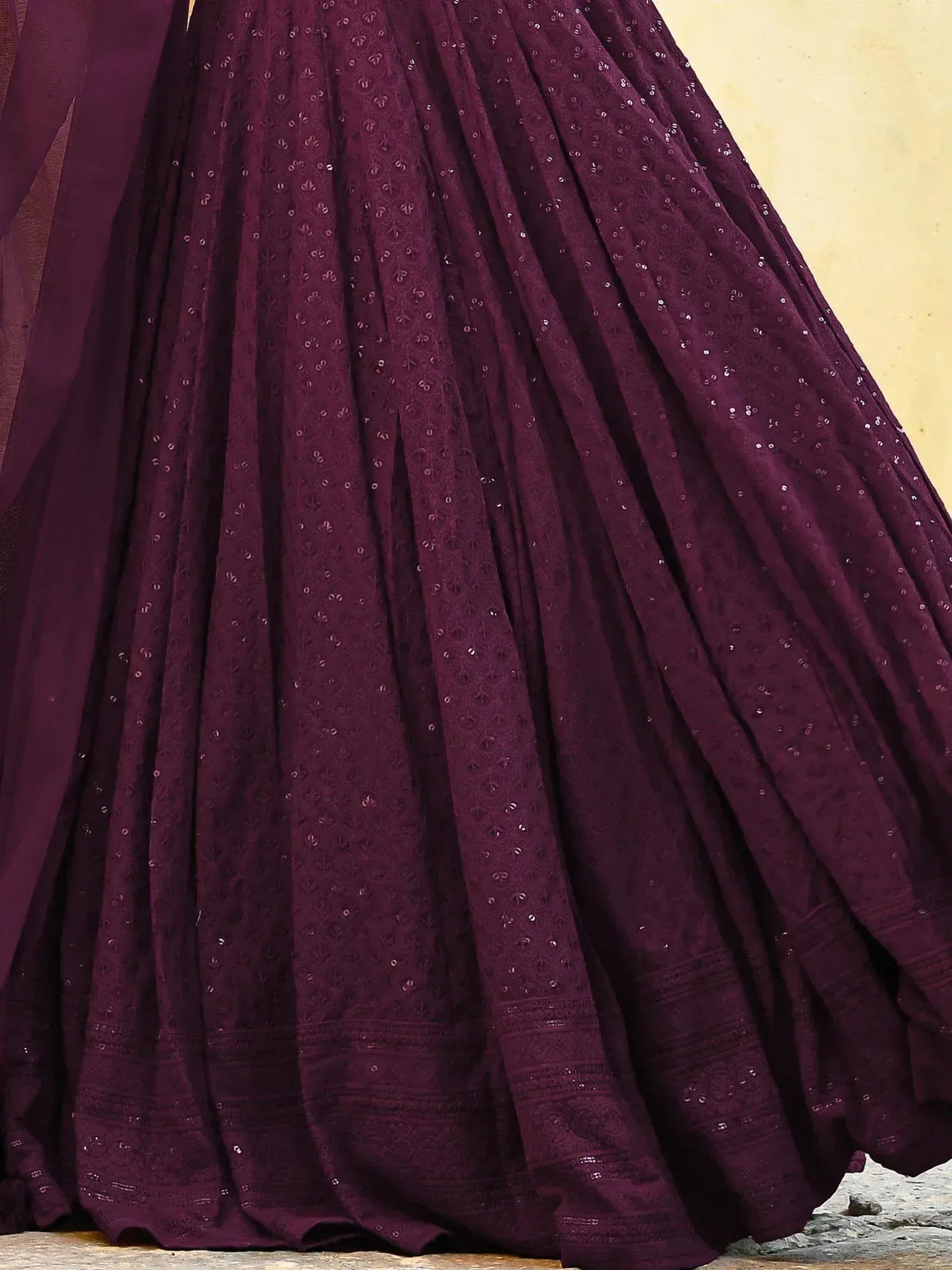 Deep purple embroidered lehenga with sequin detailing, ideal for Indian ethnic wear occasions