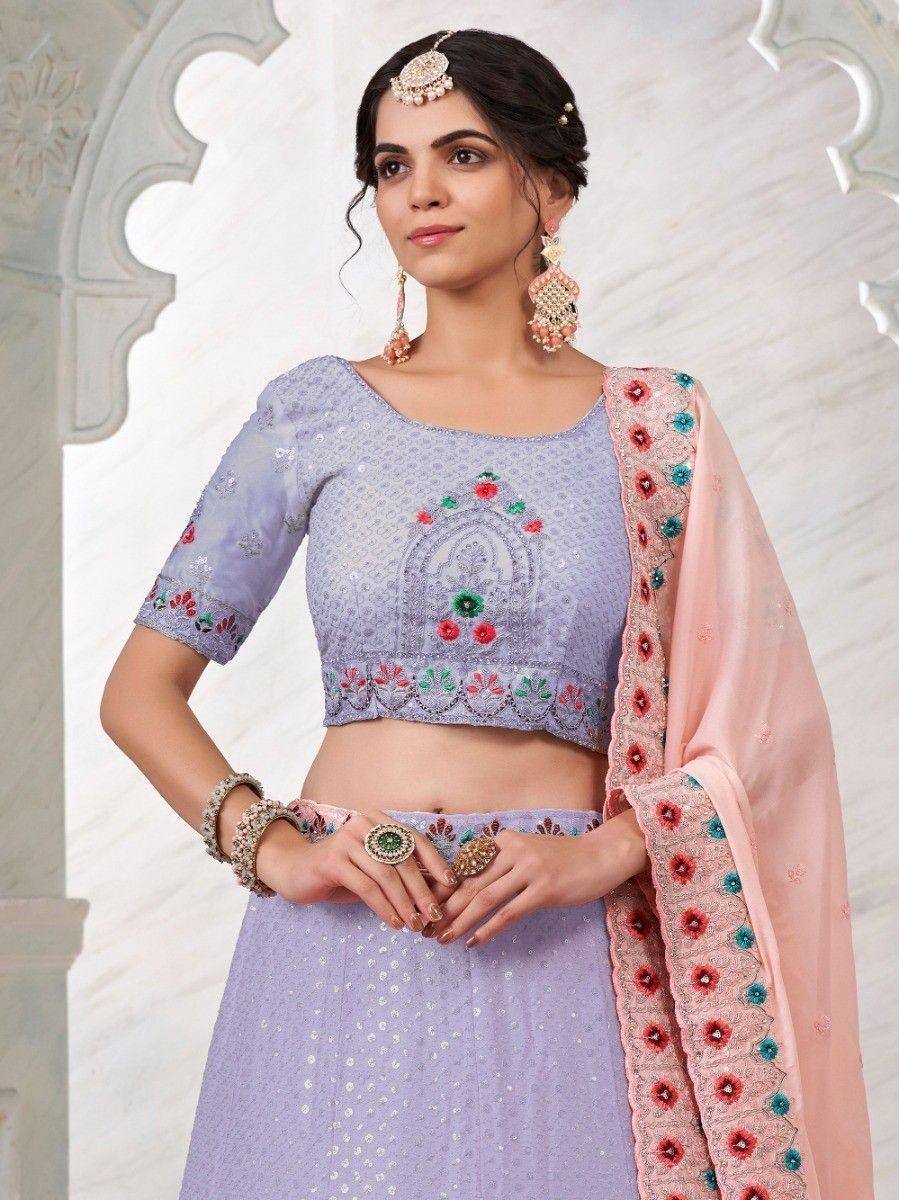 Lavender embroidered lehenga choli with floral dupatta, perfect for Indian ethnic wear occasions