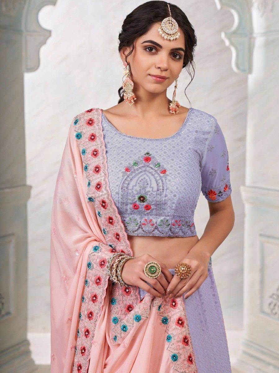 Lavender embroidered crop top with pink floral dupatta, Indian ethnic wear for women