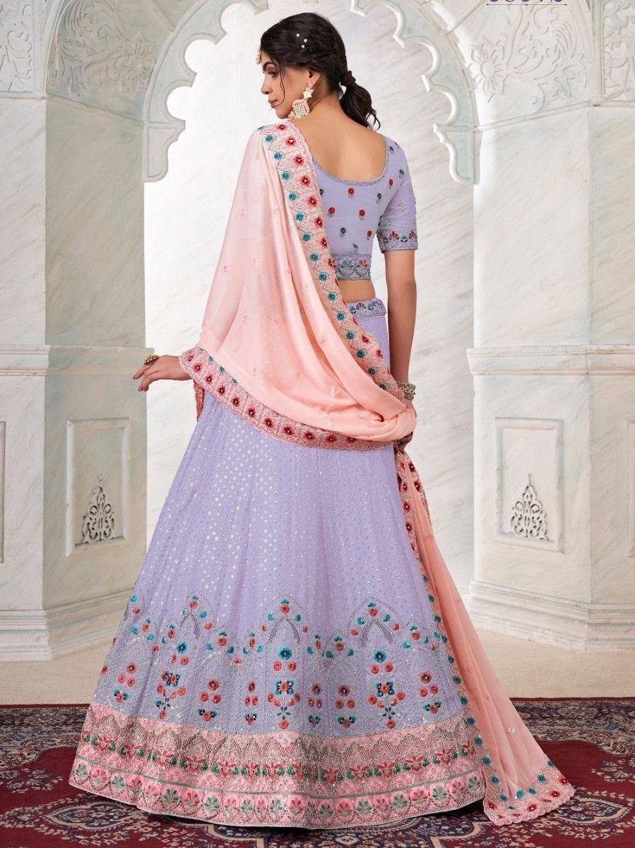 Lavender designer lehenga choli with floral embroidery and pink dupatta, perfect for Indian ethnic occasions