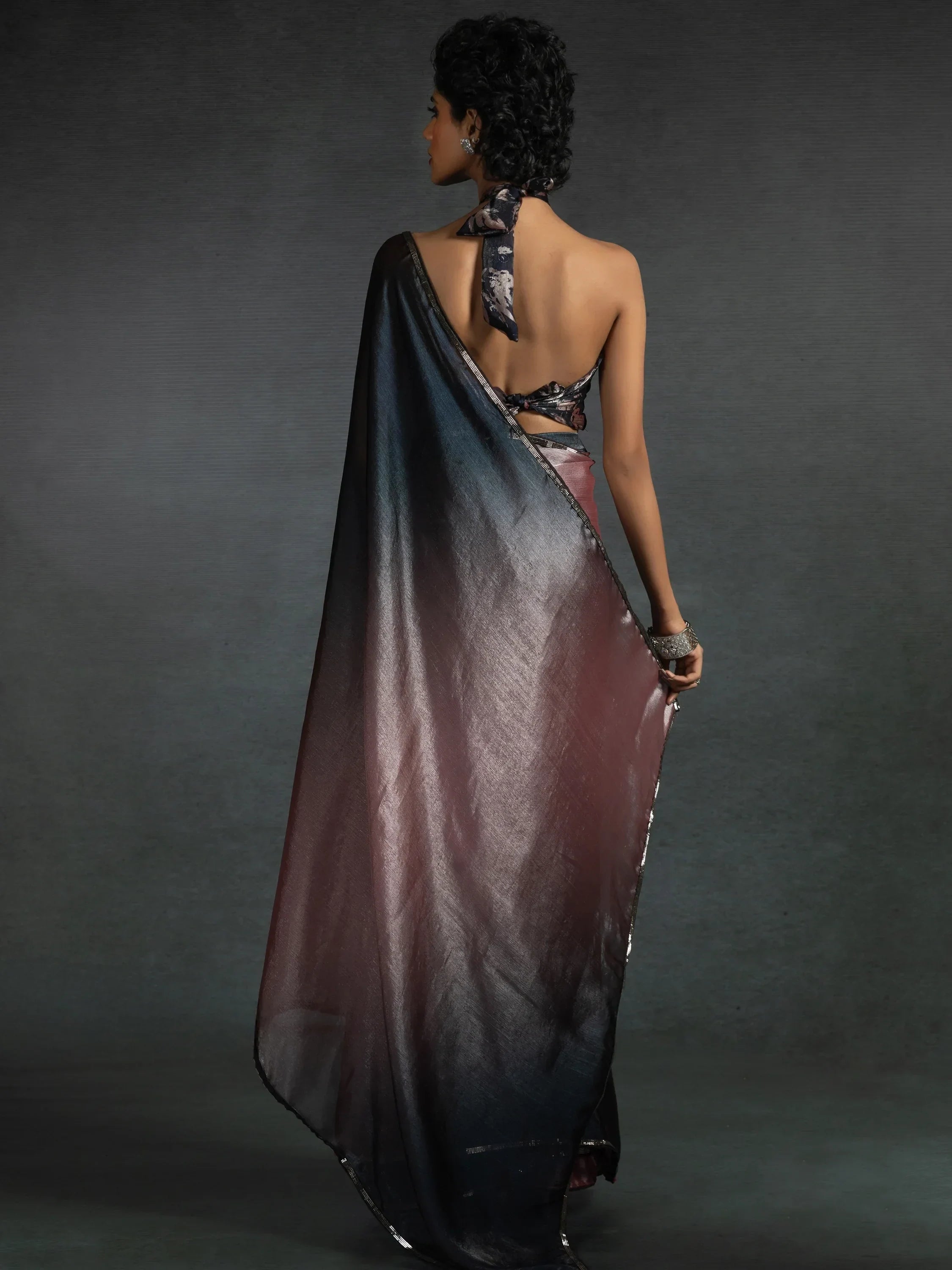 Amazing Pink & Grey Satin Reception Wear Pre-Stitched Saree