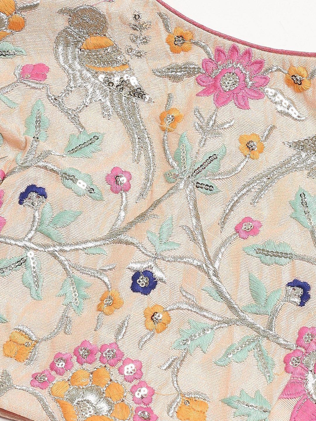 Peach-Coloured & Pink Embroidered Semi-Stitched Myntra Lehenga & Unstitched Blouse with Dupatta