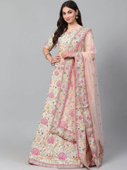 Peach-Coloured & Pink Embroidered Semi-Stitched Myntra Lehenga & Unstitched Blouse with Dupatta