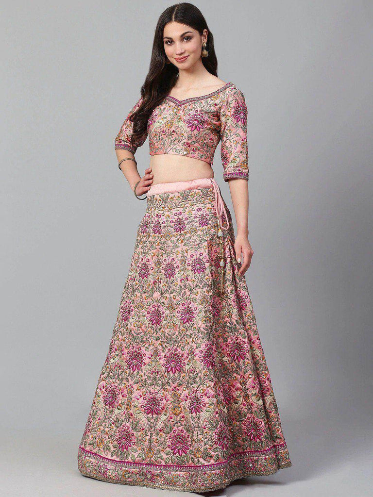 Peach & Golden Semi-Stitched Myntra Bridal Lehenga & Unstitched Blouse with Dupatta