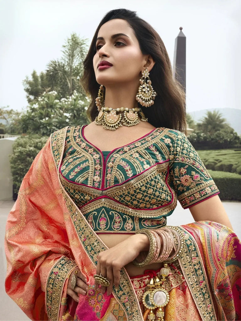 Appealing Peach Embroidered Silk Wedding Lehenga Choli With Dupatta - Ethnic Plus In