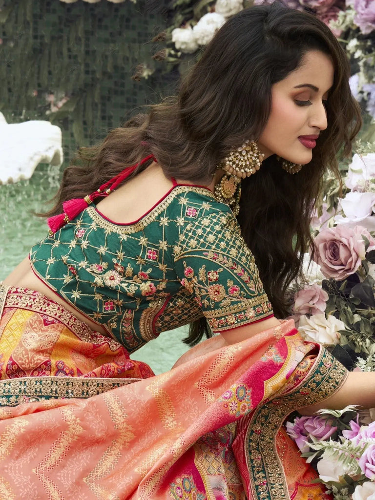 Appealing Peach Embroidered Silk Wedding Lehenga Choli With Dupatta - Ethnic Plus In