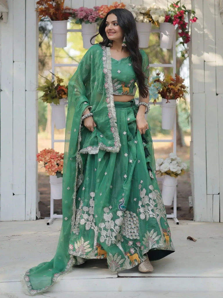 Appealing Pista Color Embroidered Organza Reception Wear Lehenga Choli - Ethnic Plus In