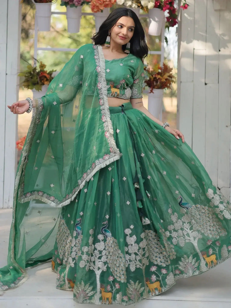 Appealing Pista Color Embroidered Organza Reception Wear Lehenga Choli - Ethnic Plus In