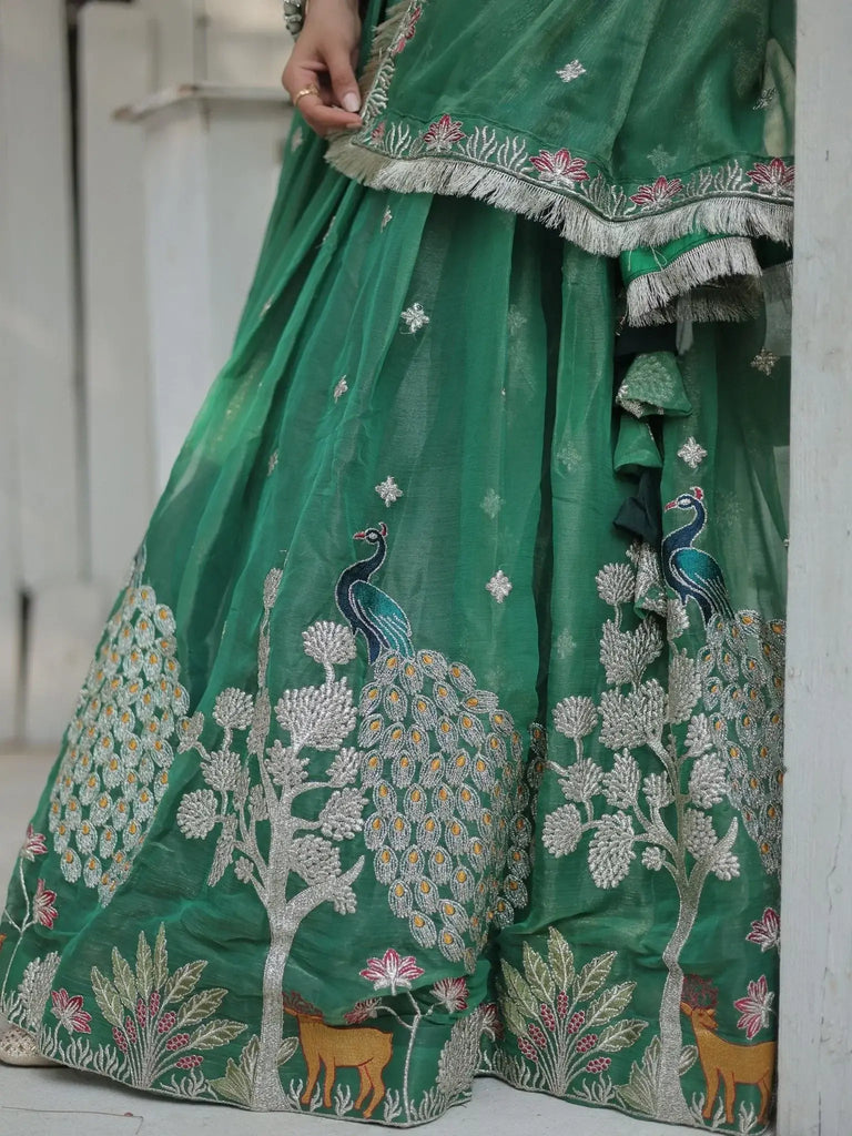 Appealing Pista Color Embroidered Organza Reception Wear Lehenga Choli - Ethnic Plus In