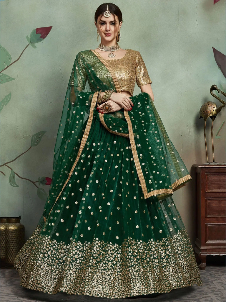 Dark Green Sequins Work Net Party Wear Lehenga Choli with Dupatta